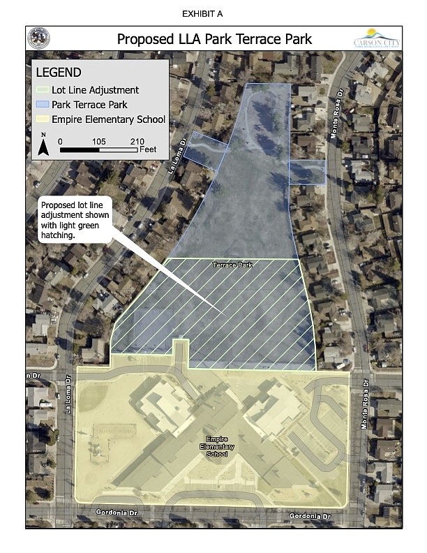 A map showing a proposed lot line adjustment that would convey three acres from Park Terrace Park in east Carson to the Carson City School District.