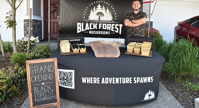 Nathanael Engen displays his stand. He will soon be debuting his variety of home-grown gourmet mushrooms at the Snohomish Farmers Market.