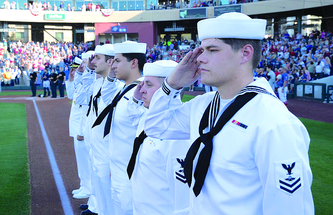 Sailors participating in the Reno Aces Patriotic Weekend included Capt. Shane Tanner, ACAN Carlos Gonzalez, AC2 Wyatt Buckley, ABF2 Noah Mata, ABF2 Matthew Rosen, MA1 David Shirley andMA2 Zane Thornton.