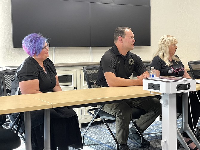 From left, Traci Trenoweth, Sexual Assault Response Advocates coordinator for Advocates to End Domestic Violence, CCSO Sgt. Brett Bindley, and Xquisite Executive Director Brenda Sandquist during an educational panel on sex trafficking in Carson City on July 30, 2024.