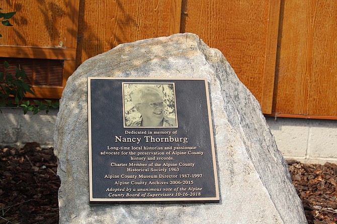 A memorial plaque for longtime Markleeville resident, Alpine County archivist and R-C columnist Nancy Thornburg.