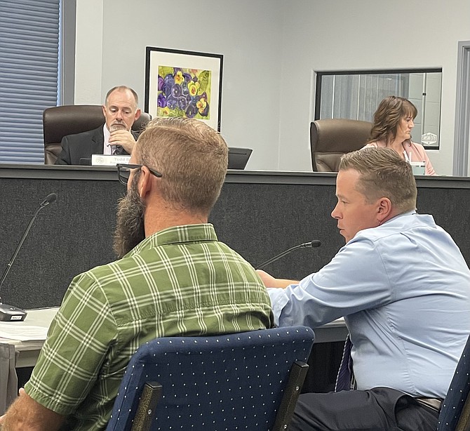 From left, Carson City Parks Project Manager Nick Wentworth and CCSD Superintendent Andrew Feuling at the Board of Supervisors meeting Aug. 1, 2024.