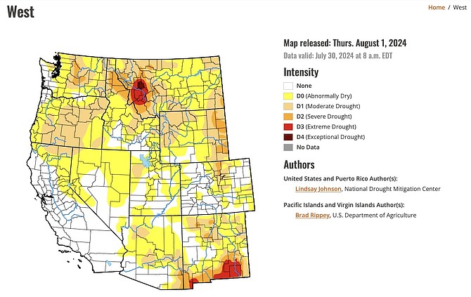 Produced by the National Drought Mitigation Cetner, U.S. Department of Agriculture and the National Oceanic and Atmospheric Administration, the U.S. Drought Monitor showed western Nevada back in abnormally dry conditions as of July 30.