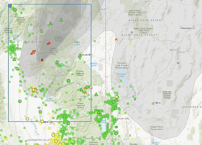 A screen shot from fire.airnow.gov at 6 a.m. Tuesday shows smoke from the Park Fire approaching Western Nevada.