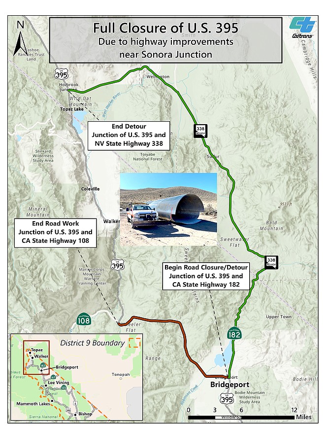 A detour map issued by the California Department of Transportation for the Sept. 4-19 closure of Highway 395 at Sonora Junction.