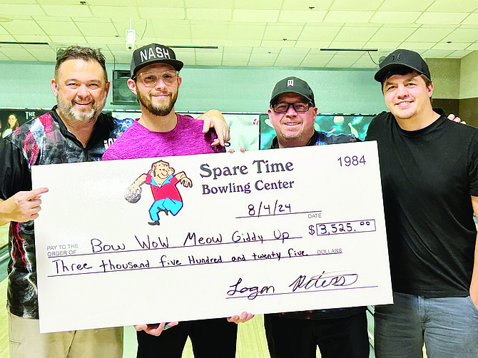 Bow Wow Meow Giddy Up won the 2024 Winners Inn Shootout tournament held Aug 3-4 at Spare Time Bowl in Winnemucca. From left to right is Left to Right Jeff Burkhart, Alex Supponch, Charlie Washburn, Logan Peters