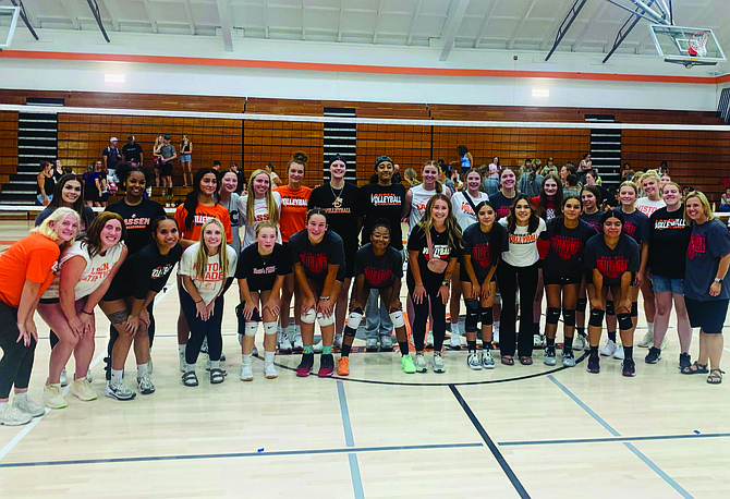 MONICA HALVERSON • Provided to Great Basin Sun
Pershing County and Lassen Community College (LCC) volleyball players stop for a photo after scrimmaging with teams from Nevada and California.