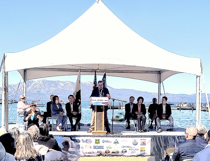 Washoe Tribe Chairman Serrell Smokey speaks at the Lake Tahoe Summit on Wednesday. Photo by Ellie Waller