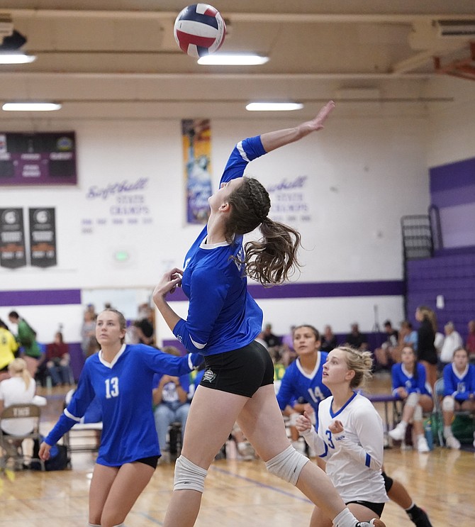 Emma Sanders of Carson High volleyball goes on the attack during the Senators’ weekend tournament. Carson dropped one set total over six matches, going a perfect 6-0 to start the season.