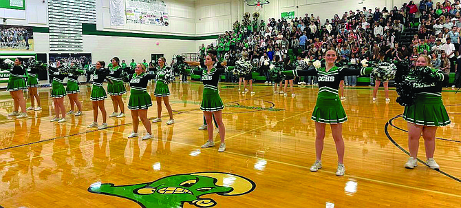 Varsity cheerleaders at Churchill County High School perform at the welcome-back assembly to kick off the new school year.