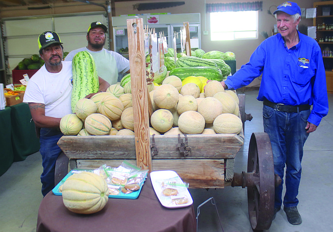 Lattin Farms shows a small sampling of the cantaloupes and watermelon they grow. Adrian Alanis, left front, and his son Cuco, back left, harvest the melons for Rick Lattin, front right, a longtime grower in the Lahontan Valley.