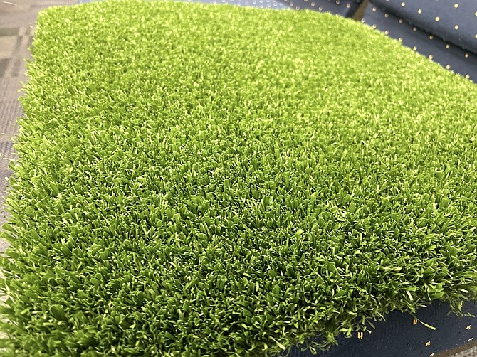 A sample of TenCate synthetic turf passed between parks commissioners and audience members at the Carson City Parks and Recreation Commission on Tuesday.