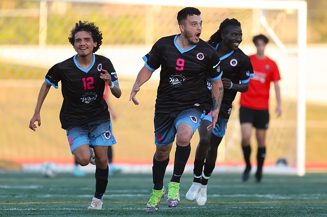 Adrian Vasquez (No. 9) is elated after scoring a goal during the fall season opener of the Snohomish Sky outdoor men’s team’s season against Gala FC of Marysville Sunday, Aug. 25 at Veterans Memorial Stadium at Snohomish High School. The local semi-pro soccer team won 2-0. Eduardo Cisneros scored the other goal for 
the Sky. In the photo, Alex Marin (No. 12) runs alongside Vasquez. The team plays in the UPSL Pacific Northwest Conference.
The Sky’s indoor men’s soccer team is holding tryouts Sept. 14, 15 and 17 in Snohomish. See www.snohomishsky.com for hours, sign up information and tryout price.