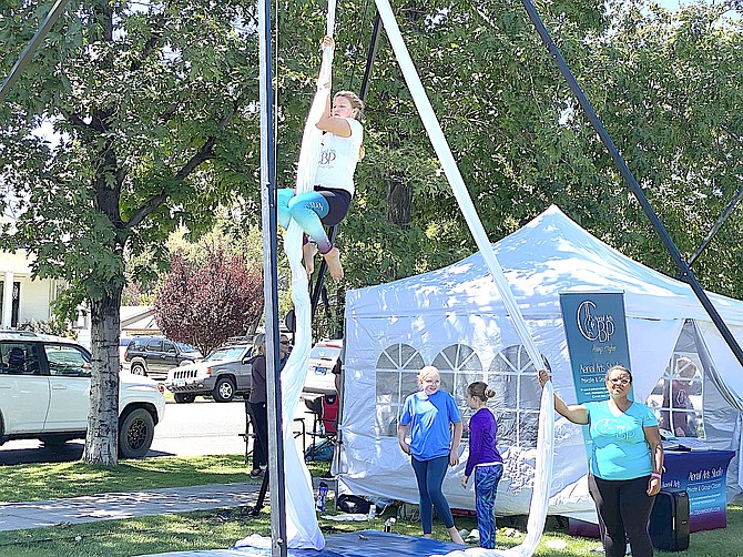 Aerialists perform in Minden Park as part of the Back to School celebration on Sunday. Photo special to The R-C by Robin Sarantos