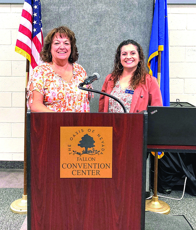 Fallon Chamber of Commerce Executive Director Lucy Carnahan, left, is shown with August luncheon guest speaker Patty West of The Children’s Cabinet.