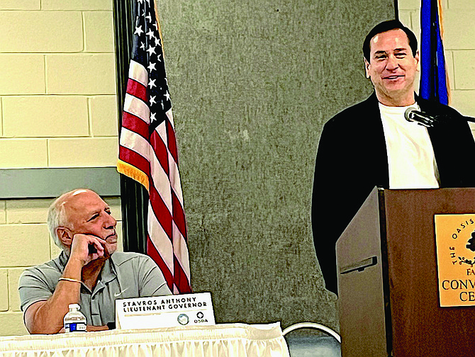 Lt. Gov. Stavros Anthony listens to a response by Nevada Secretary of State Francisco “Cisco” Aguilar at a small business forum in Fallon.