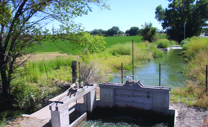 Small gates control the water at one of the smaller canals on the Schank property.