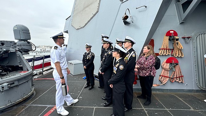 Carson High School Navy Junior Reserve Officers Training Corps cadets tour the USS Sterett in San Diego last week.