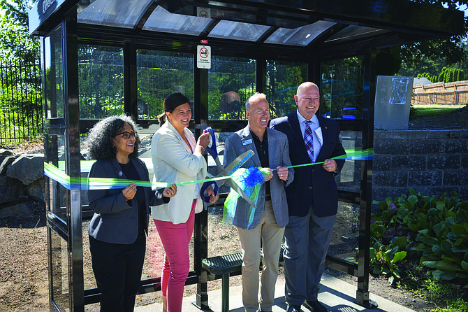 Cutting the ribbon for Pierce Transit’s sweeping bus shelter upgrades were (from left) Congresswoman Marilyn Strickland, Tacoma City Council member Kristina Walker, Lakewood Mayor Jason Whalen, and Pierce Transit CEO Mike Griffus.