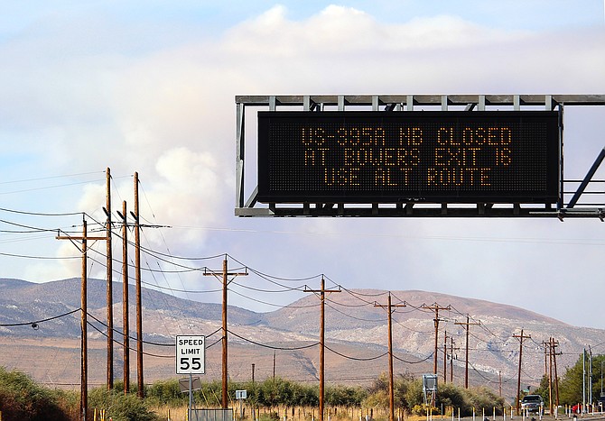 The Davis Fire could be seen in Minden on Monday afternoon. The warning on the readerboard is also related to the fire.