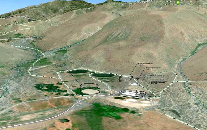 A rendering from Lumos & Associates showing existing tanks and proposed structures for an expansion at the Quill Water Treatment Plant in west Carson City as presented to the Planning Commission in October 2023.