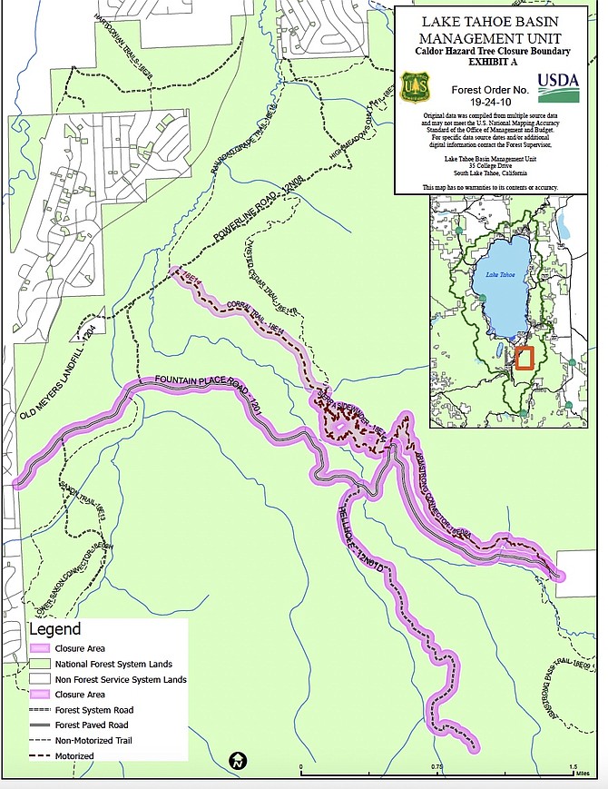 A map of the closure area for hazard tree removal in the Tahoe Basin.