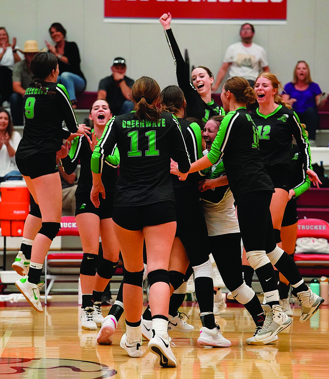 Fallon’s volleyball team celebrates after defeating Truckee for the first time last week.