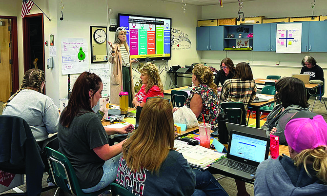 Kindergarten, first grade and second grade teachers participate in Savvas training with trainer Rebecca Rosher.