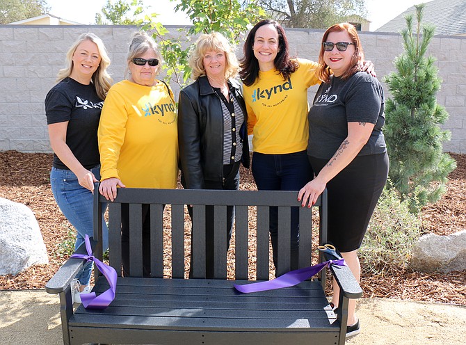 Jessica Garcia/Nevada Appeal
Jennifer McClintock, with AYR Wellness, Sue Vanus of the lead packaging department, Terri Farnworth, with Advocates to End Domestic Violence, Anya Varga, AYR Wellness, and Maria Guzman, Tahoe Hydroponics, celebrate a ribbon-cutting Wednesday.