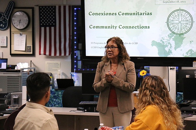 Carson City School Board Trustee Lupe Ramirez thanks those attending the Community Connections event on Sept. 18.