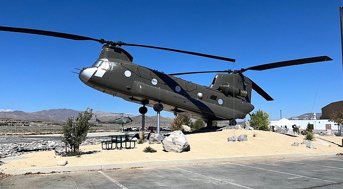 Mustang 22’s static display shows the helicopter in an aft-gear landing position at the Nevada Army National Guard’s Army Aviation Support Facility.