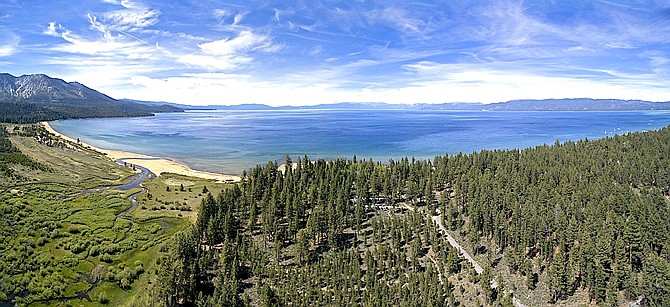 Taylor and Tallac Creeks and Marsh and USDA Forest Service Visitor Center, South Lake Tahoe, Calif. 
Credit: Drone Promotions