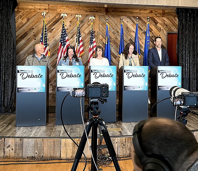 Five of the six candidates for Douglas County School Board debate on May 22 at the Town Hall at the Community & Senior Center in Gardnerville.