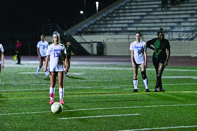 Eatonville's Haley Courson lines up for a penalty kick as Kalli Olson (#2) looks on. Courson would be successful on the try and would help lead the Cruisers to a 5-0 victory over Clover Park.