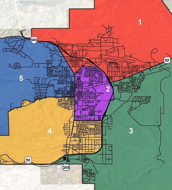 A map from Carson City’s Pavement Management Plan showing the city’s streets in five performance districts. Road projects rotate each year between the districts.