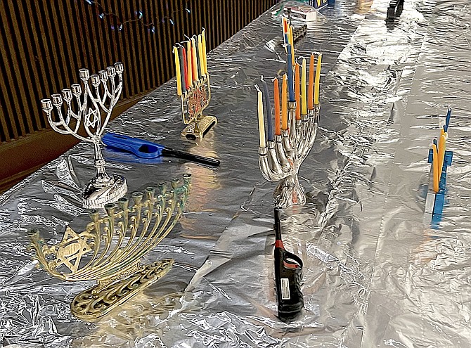 Menorahs await lighting at the Dec. 15, 2023, Hanukkah celebration at the CVIC Hall in Minden hosted by Temple Bat Yam.