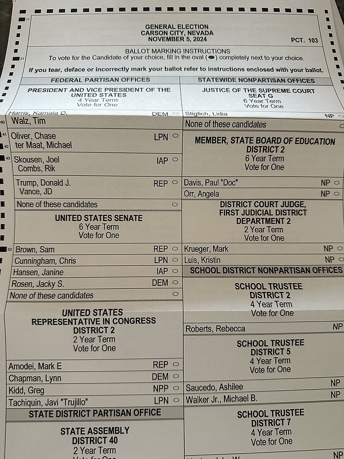 A photo of an official Carson City General Election ballot