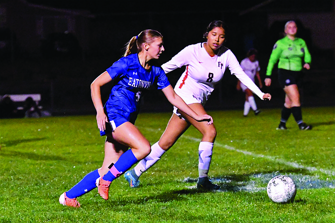 Eatonville's Mary Van Eaton dribbles the ball up field against Franklin Pierce's Sofia Castro. Van Eaton would score twice against the Cardinals to help lead her Cruisers to a 4-0 victory.