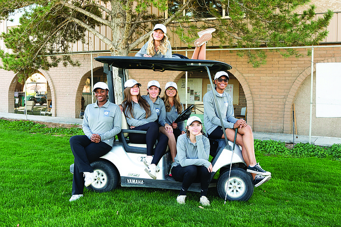 The Oasis Academy girls golf team, competing this week at Toiyabe Golf Club in Washoe Valley. Pictured, from left: Victoria Hopkins, Emma Papada, Olivia Kutansky, Meirra Cavanaugh, Stevie Hiskett and Nicole Hopkins. Atop the cart is Bailey Beebe.