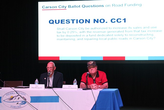 Chas Macquarie, left, arguing for local road-funding measures, and Raymond La Rochelle, arguing against local road-funding measures, at a public forum at Brewery Arts Center on Oct. 7, 2024.