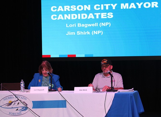 Carson City Mayor Lori Bagwell, left, and mayoral candidate Jim Shirk at a public forum at Brewery Arts Center on Oct. 7, 2024.