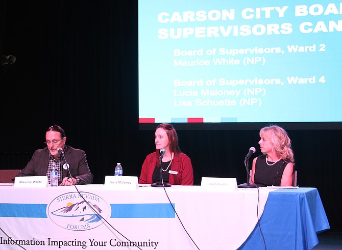 From left, Ward 2 Supervisor Maurice White (running unopposed), Ward 4 candidate Lucia Maloney and Ward 4 incumbent Lisa Schuette at a public forum at Brewery Arts Center on Oct. 7, 2024.