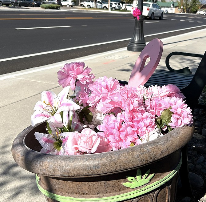 Pink flowers and bows adorn Main Street in Gardnerville in honor of Breast Cancer Awareness Month.