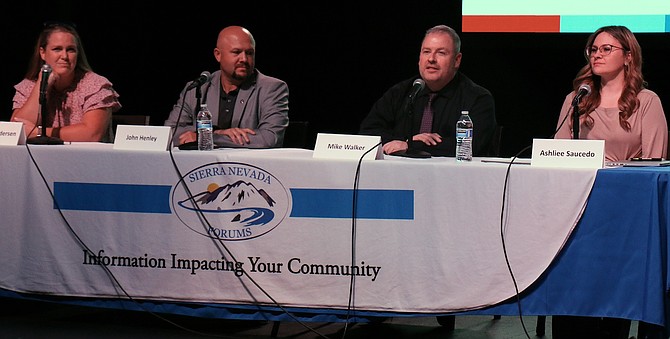 Carson City School District candidates Michelle Pedersen, left, John Henley, Mike Walker and Ashliee Saucedo during a forum Oct. 9, 2024.