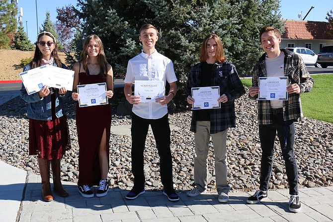 Sierra Lutheran High School students Morgan de la Torre, senior, left, Mylie Christenson, senior, Nathan Tack, senior, Mason Soracco, junior, and Tanner Olsen, senior, recently were recognized by the National Merit Scholarship Corp. or College Board National Recognition program for their academic achievements.