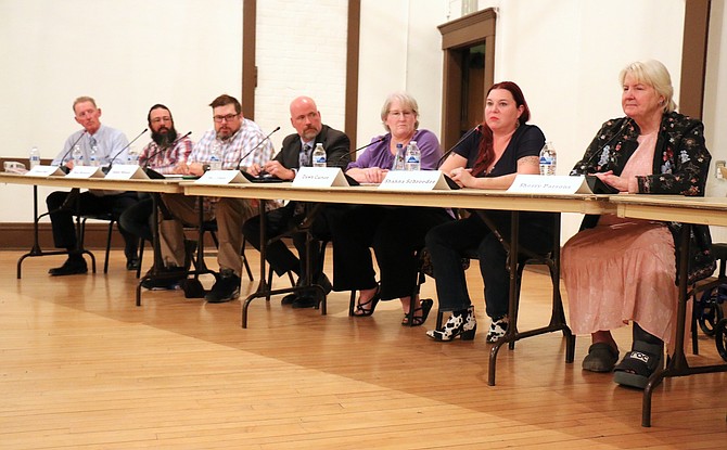 The Dayton Chamber of Commerce hosted a Candidates Forum on Oct. 8 in the Dayton Valley Community Center. Candidates for Lyon County School Board, from left, Elmer Bull, Neal McIntyre II, James Whisler, Phil Cowee, Dawn Carson, Shanna Shroeder and Sherry Parsons responded to questions about student achievement, mental health, chronic absenteeism and others concern the district.