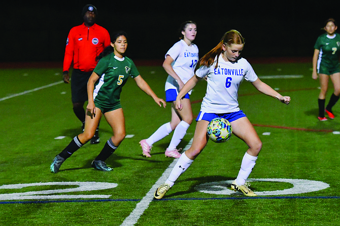 Eatonville's Linnea Lofgren controls the ball in the match against Foss. Lofgren would go on to score a hat trick in the match to help lead the Cruisers to an 8-0 win.