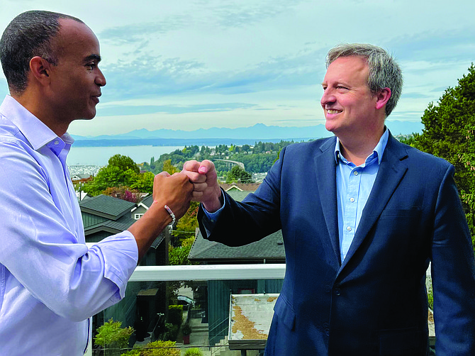 Attorney General candidate Nick Brown (left) and Dave Upthegrove appeared in Queen Anne at an event last month.