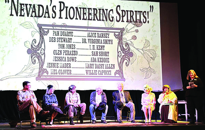 Performers in the Churchill County Museum’s second annual Chautauqua Theatre, ‘Nevada’s Pioneering Spirits,’ answer audience questions. From left: Mel Glover, Jennie Mader, Jessica Rowe, Glen Perazzo, Tom Jones, Deb Stewart, Pam Duarte and Jennifer Jones.