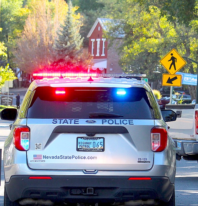 A Nevada State Police vehicle at the scene of a minor collision between a pickup and a state parks vehicle at Mormon Station State Historic Park on Friday afternoon. The driver of the pickup reportedly had a medical issue.